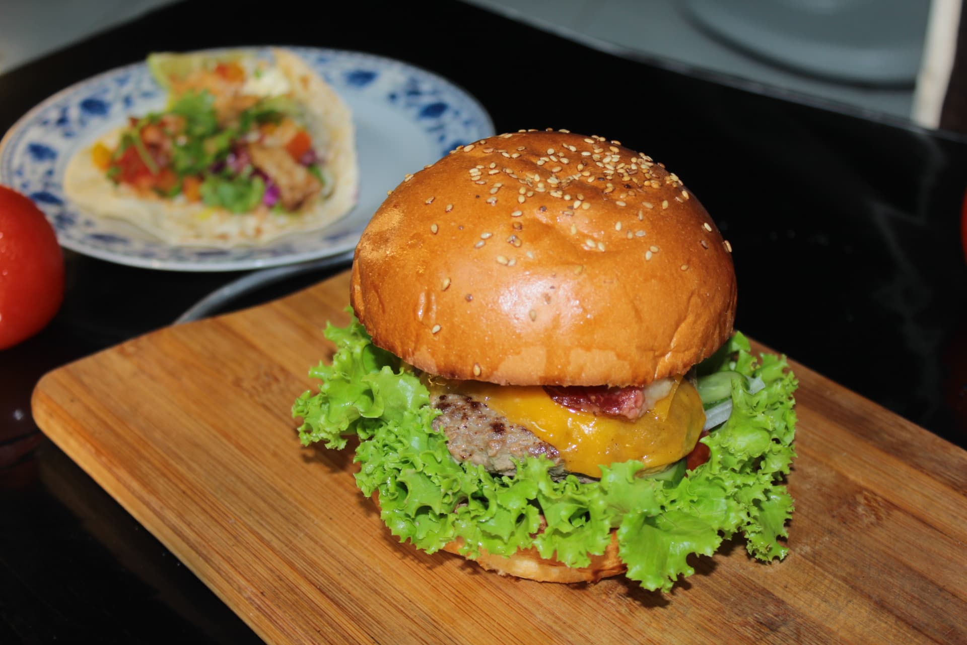 Burger served on a wooden board